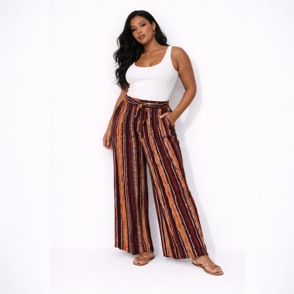 NWT LILI Sport Women Striped Wide Leg Pants Black/Orange Size 1X Vacation Party